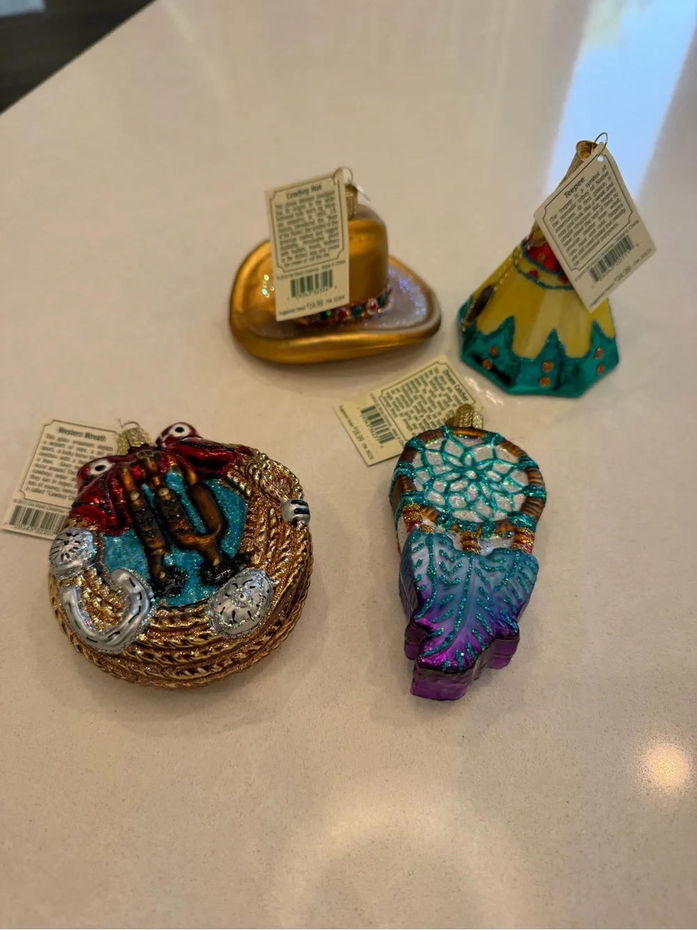 Lot of old world Christmas ornaments cowboy themed